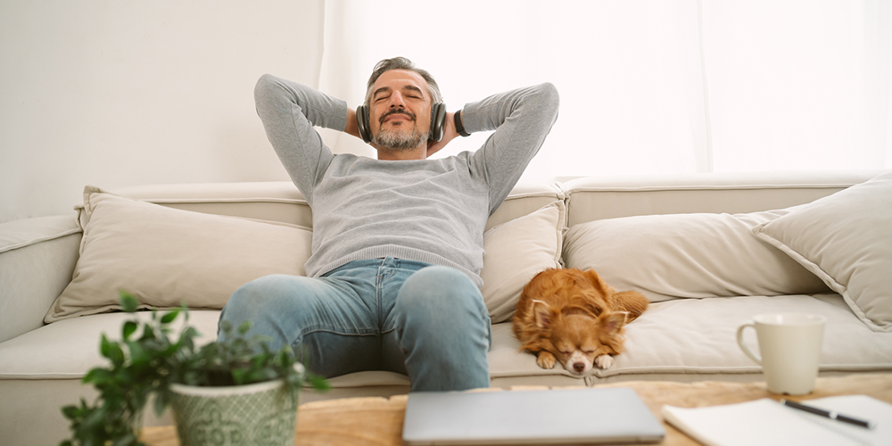 Man and his dog relax on couch with new zoned heating and cooling installation.